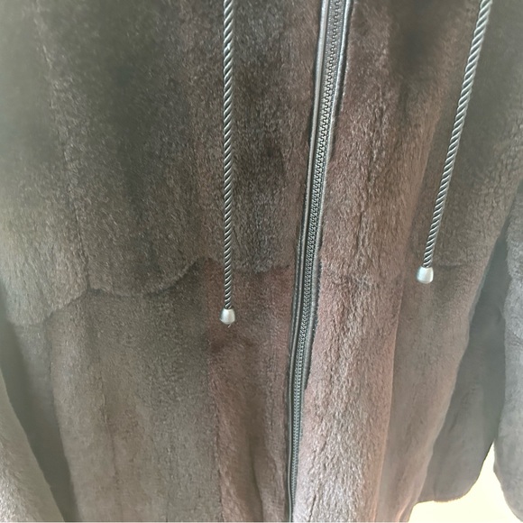 Black Sheared Beaver & Leather Reversible Coat with Fox Fur Lined Hood M/L - Picture 8 of 13